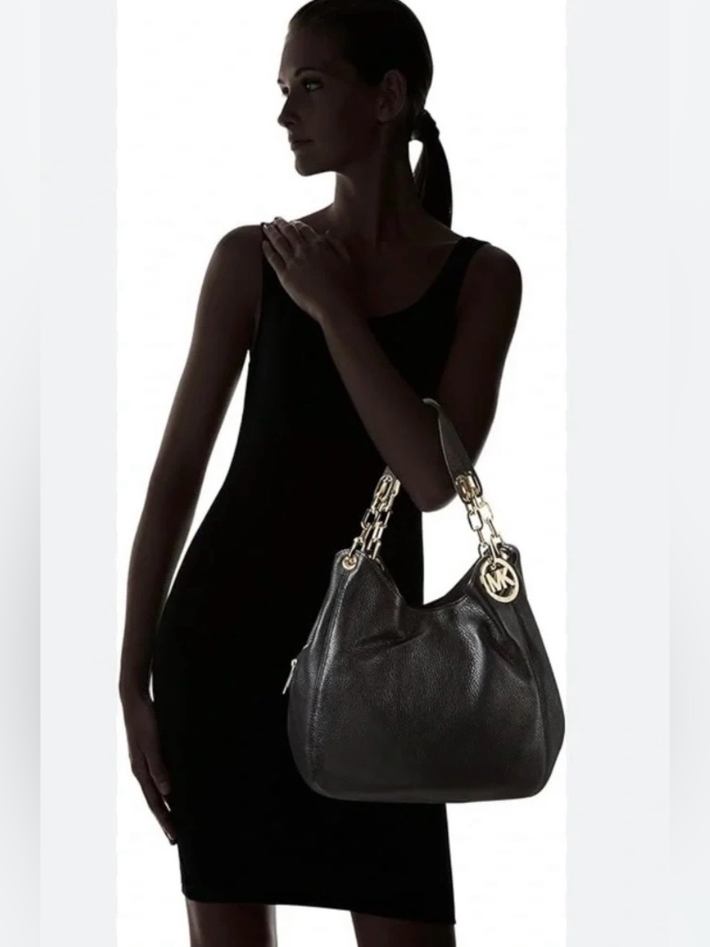 Michael Kors Black Pebbled Leather Fulton Hobo Shoulder Bag with Gold Hardware